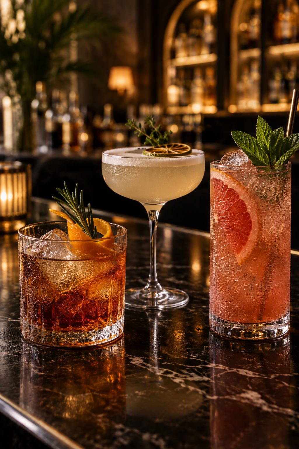 Cocktailuri elegante pregătite pe un blat de marmură