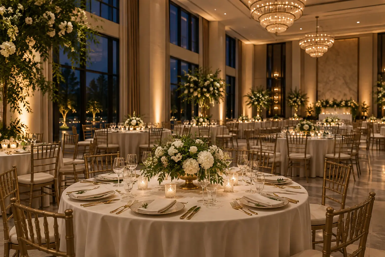 Sală de evenimente elegantă, cu mese rotunde pregătite pentru nuntă