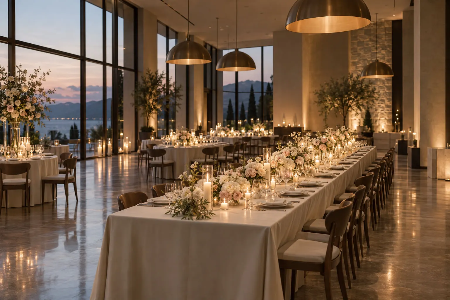 Sală elegantă pregătită pentru un eveniment, cu lumină ambientală caldă și aranjamente florale